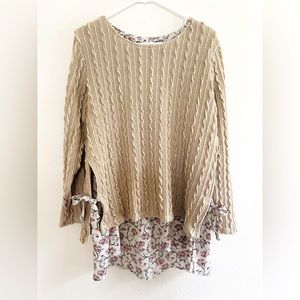 Suzanne Betro Taupe Floral Layered Side Tie Cable Knit Tunic Sweater size Large